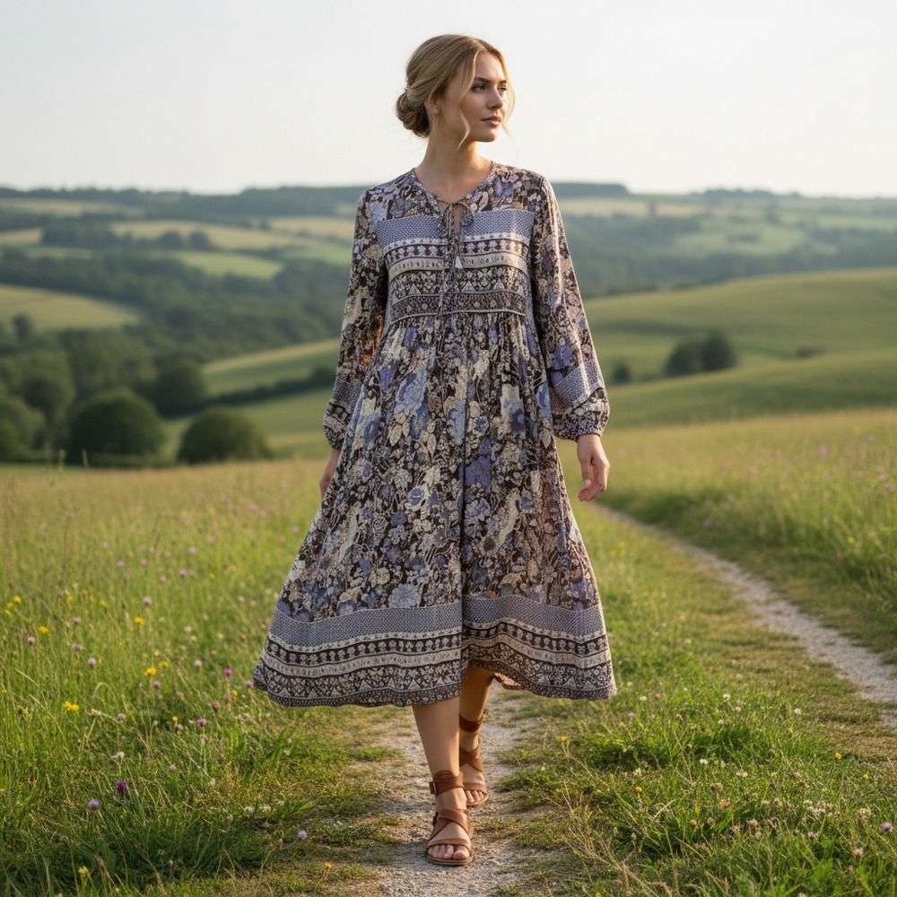 R Vivimos Floral Tassel Cottagecore Retro Boho Maxi Dress M V-Neck Long‎ Sleeve